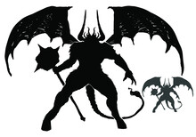 Black Silhouette Of A Massive Demon With Huge Clawed Wings, Bulging Muscles, And A Kistr-ckstr, He Holds A Huge Spiked Hammer In His Hand. 2d Illustration