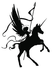 The Black Silhouette Of A Beautiful Young Holy Knight Girl With A Flag In Her Hand, She Is Riding On A Young Unicorn Foal With A Long Sharp Horn, She Has Short Wings Behind Her Back. 2d Illustration