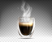 Realistic glass cup filled hot steaming coffee. Mug with double wall full of aroma americano. Espresso drink with smoke isolated on transparent background. Template for advertising or product design.