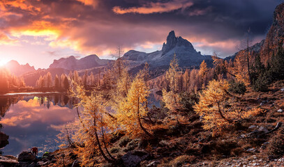 Fotomurali - Wonderful evening view on autumn Mountains landscape. Amazing nature scenery of Dolomites mountains during sunset. Colorful sunset. Picture of wild nature, Natural backgraund