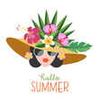 Hello summer. A beautiful girl in a hat decorated with exotic flowers and fruits.