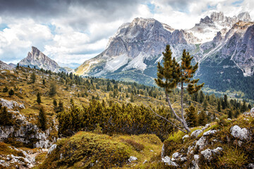 Fotobehang - Wonderful nature landscape. Amazind summer scenery in Dolomite mountains. Hiking trail near Falzarego pass. View on Alpine highlands with rmajestic mountains. Popular locations for travel and hiking.