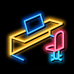 Poster - office table chair and computer neon light sign vector. Glowing bright icon office table chair and computer sign. transparent symbol illustration