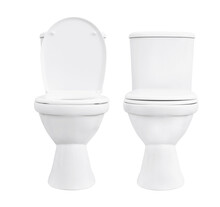 Toilet On White Background. Close Up Of Toilet. White Toilet Bowl Isolated. Set Of Toilet Bowls.