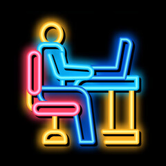 Poster - man working in office neon light sign vector. Glowing bright icon man working in office sign. transparent symbol illustration