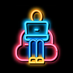 Poster - employee working with laptop neon light sign vector. Glowing bright icon employee working with laptop sign. transparent symbol illustration