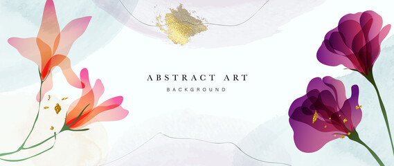 Abstract art background vector. Luxury minimal style wallpaper with golden line art flower and botanical leaves, Organic shapes, Watercolor. Vector background for banner, poster, Web and packaging.