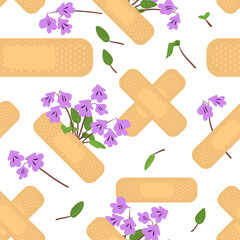 seamless pattern with sticking plasters and purple flowers. medical patch repeat texture. on white b
