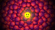 3D rendering one cheerful glowing smiley among many sad smileys