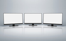 Row Of Computer Monitors With White Blank Screens. Clipping Path. 3d Rendering