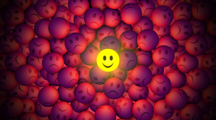 3D rendering one cheerful glowing smiley among many sad smileys