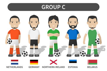 Aufkleber - European soccer cup tournament qualifying draws 2020 and 2021 . Group C . Football player with jersey kit uniform and national flag . Cartoon character flat design . White theme background . Vector .
