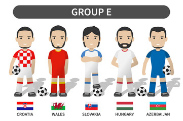 Aufkleber - European soccer cup tournament qualifying draws 2020 and 2021 . Group E . Football player with jersey kit uniform and national flag . Cartoon character flat design . White theme background . Vector .