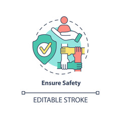 Ensure safety concept icon. Racism at work abstract idea thin line illustration. Promoting racial equity. Safety-related behaviour in workplace. Vector isolated outline color drawing. Editable stroke