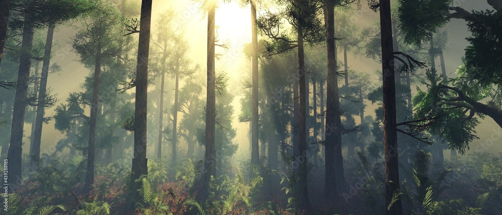 Forest in the rays of the sun, trees in the fog in the morning, sunset in the park in the haze, 3D rendering - obrazy, fototapety, plakaty 