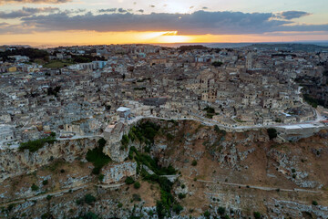 Wall Mural - Aerial view of Matera at sunset, the city of stones, in Basilicata. a landscape
 very beautiful