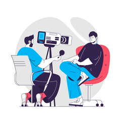 Aufkleber - Journalism web concept. Operator recording reportage or TV show of journalist. Mass media people scene. Flat characters design for website. Vector illustration for social media promotional materials
