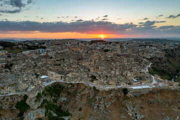 Wall Mural - Aerial view of Matera at sunset, the city of stones, in Basilicata. a landscape
 very beautiful