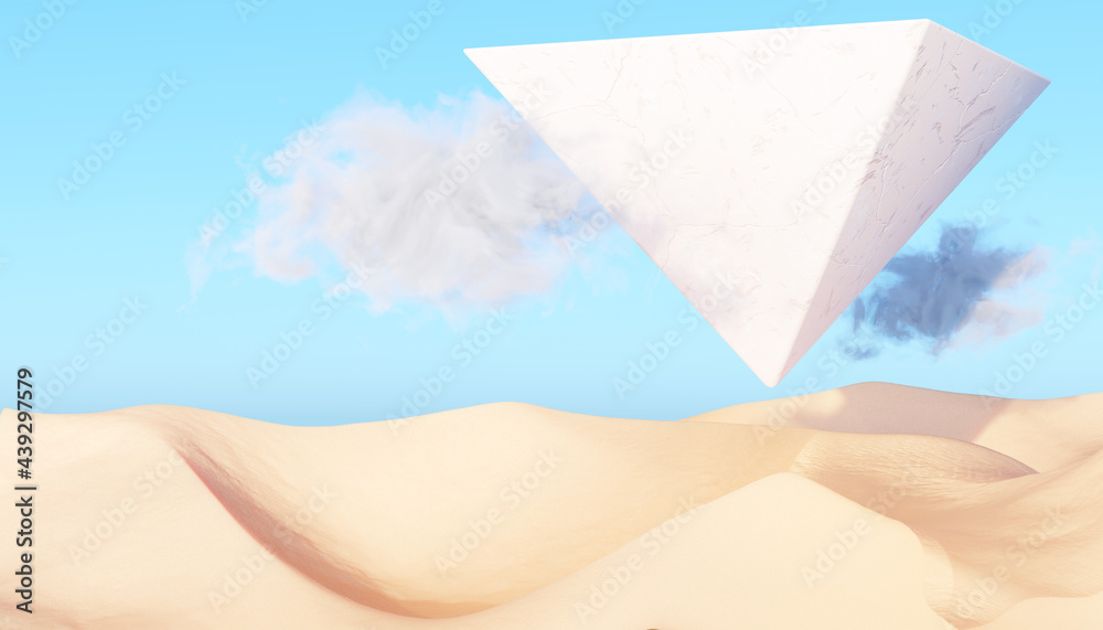 Surreal desert landscape with white flying pyramid and white clouds - obrazy, fototapety, plakaty 