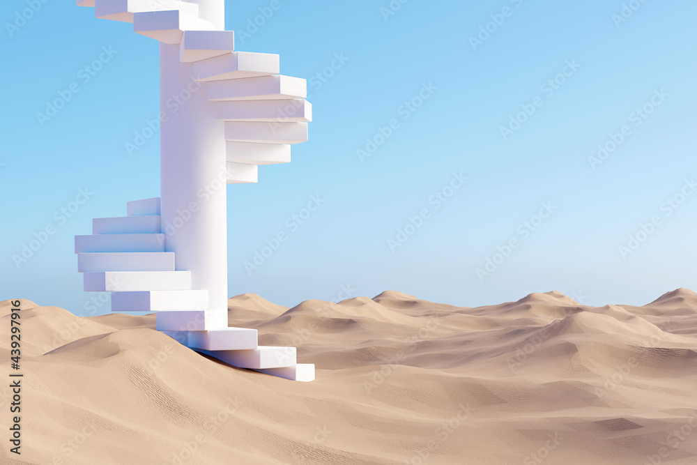 Surreal desert landscape with white spiral staircase on sand - obrazy, fototapety, plakaty 