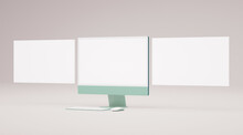 Computer Desk Mockup With Blank Screen And Floating Slides For Web And App Presentation In 3D Rendering