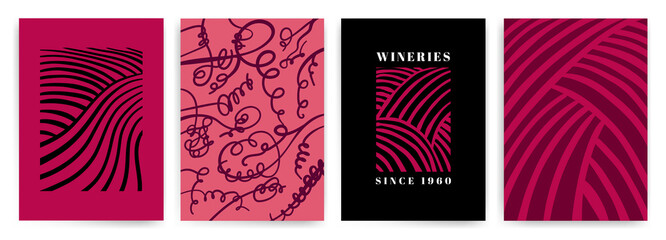 Poster - Design with illustration of tendrils and idea rows of vineyard. Vector for covers, invitations, flyers, banners, posters, wine events.