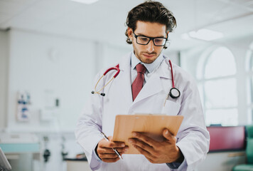 Wall Mural - Male physician reading a medical report