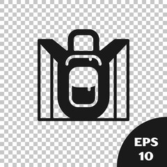 Poster - Black Hiking backpack icon isolated on transparent background. Camping and mountain exploring backpack. Vector