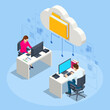 © Golden Sikorka - Isometric Cloud Technology. People Working From Office. Global Outsourcing, People Using Cloud System in Distant Work and Data Storage. Clouds connected documents.