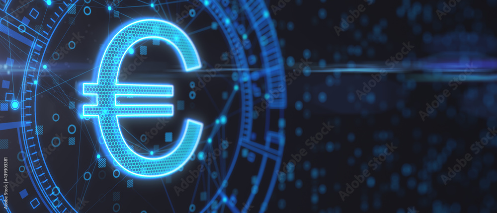 Glowing euro sign on dark blue background with mock up place. Online investment and e-commerce concept. 3D Rendering.