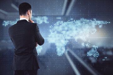 Poster - Digital transformation and digitalization concept with businessman looking at virtual screen with glowing world map and programming background.