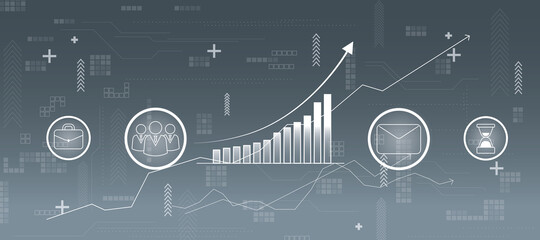 Poster - start up strategy concept with social network icons and financial growing graph and arrow on grey ba