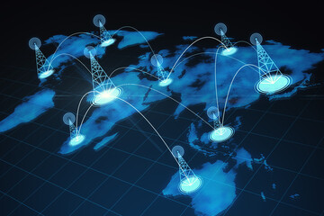 Poster - Abstract glowing digital map with location pins on blue background. 3D Rendering.