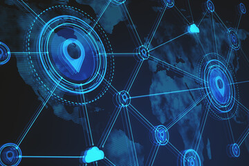 Poster - Futuristic glowing digital map with location pins on blue background. 3D Rendering