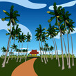  Vector illustration with traditional malay village house or Kampung surrounded with coconut trees. 
