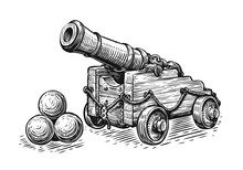 Old Pirate Ship Cannon And Cannonballs. Sketch Vintage Vector Illustration