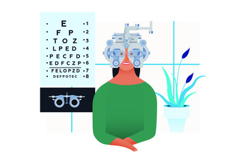 Ophthalmology. Eye Test and Prescription Glasses. Female Patient with Phoropter in Medical Office. Modern Flat Vector Illustration. Social Media Template.