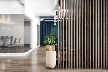 Poster - Dark wooden slatted partiton in stylish office area with workspace on a podium behind a glass wall