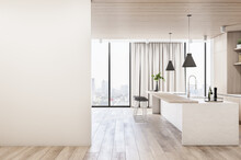 Modern Wood And Concrete Kitchen Interior With Empty Mock Up Place On Wall, Island, Appliances And Window With City View And Daylight. 3D Rendering.