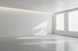Blank light wall in sunny spacious empty room with big windows and concrete floor. 3D rendering, mock up
