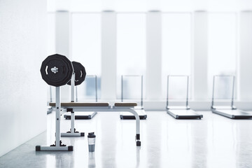 Aufkleber - Modern gym interior with empty mockup space, equipment and daylight. Mock up, 3D Rendering.