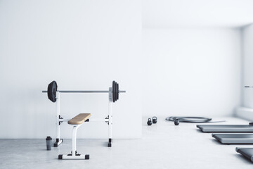 Modern gym interior with empty mockup place, equipment and daylight. Mock up, 3D Rendering.