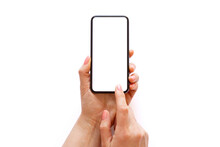 Person Holding And Using Phone With Empty White Screen On White Background