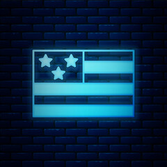 Poster - Glowing neon American flag icon isolated on brick wall background. Flag of USA. United States of America. Vector