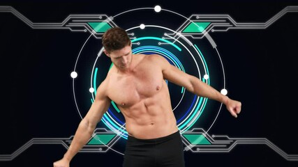 Poster - Animation of strong muscular man with scope scanning and data processing