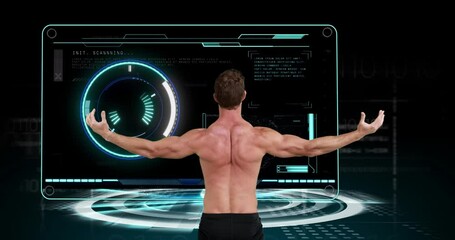 Poster - Animation of strong muscular man with scope scanning and data processing