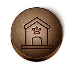 Poster - Brown line Dog house and paw print pet icon isolated on white background. Dog kennel. Wooden circle button. Vector