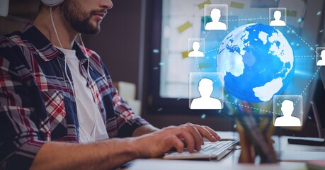Poster - Network of profile icons over globe against mid section of man using computer at office
