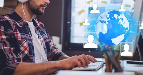 Poster - Network of profile icons over globe against mid section of man using computer at office