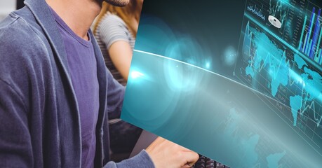 Poster - Digital interface with data processing against mid section of people working at office